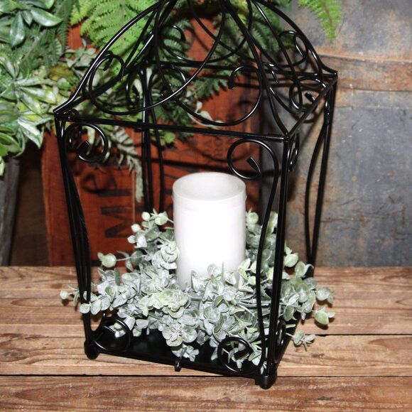 Black Open Wrought Iron Lantern w/LED Candle & Eucalyptus Candle Ring Wreath - Picture 3 of 10